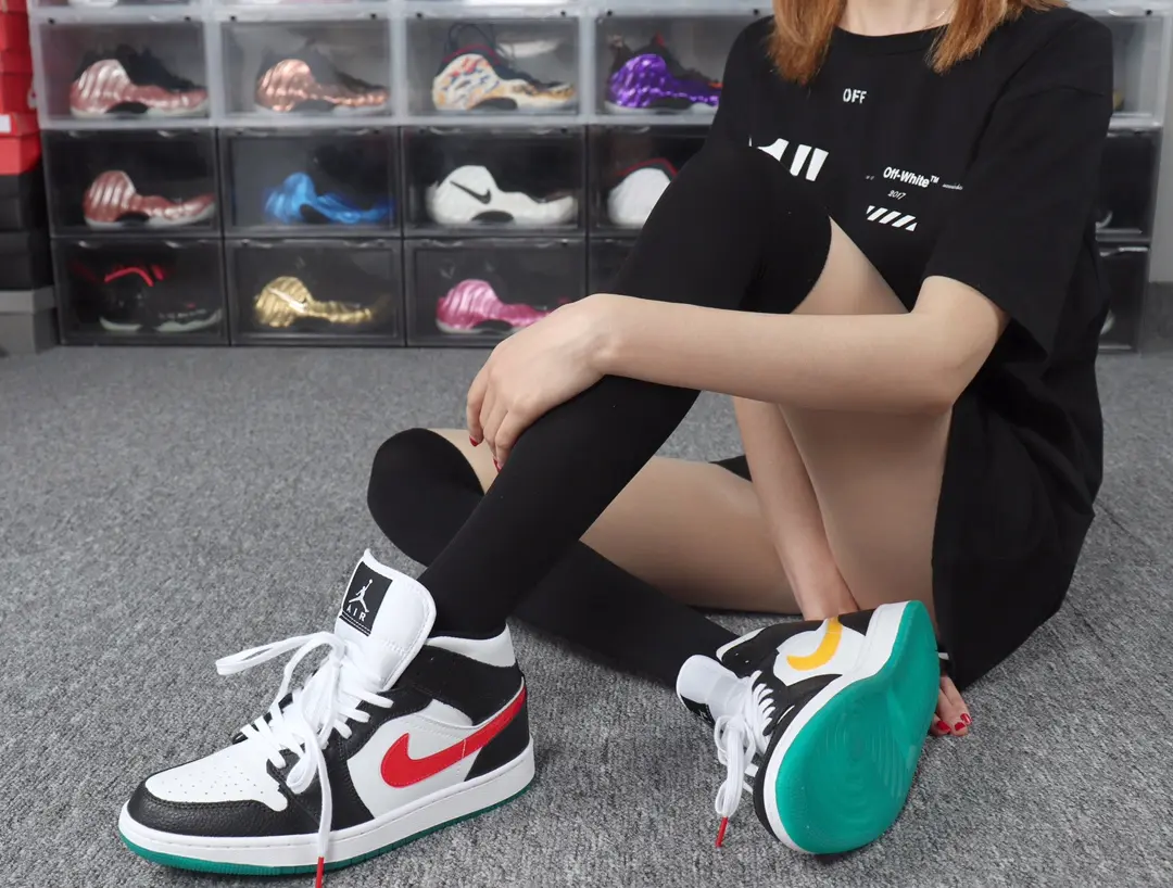 Replica Air Jordan 1 Mid Trainers: Multicolored Swoosh Black and White | YtaYta